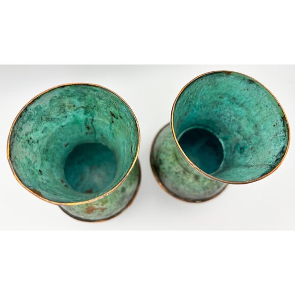 Mexican Mid-Century Silver Inlay Verdigris Vessels Matching pair 5" Tall - Picture 6 of 7